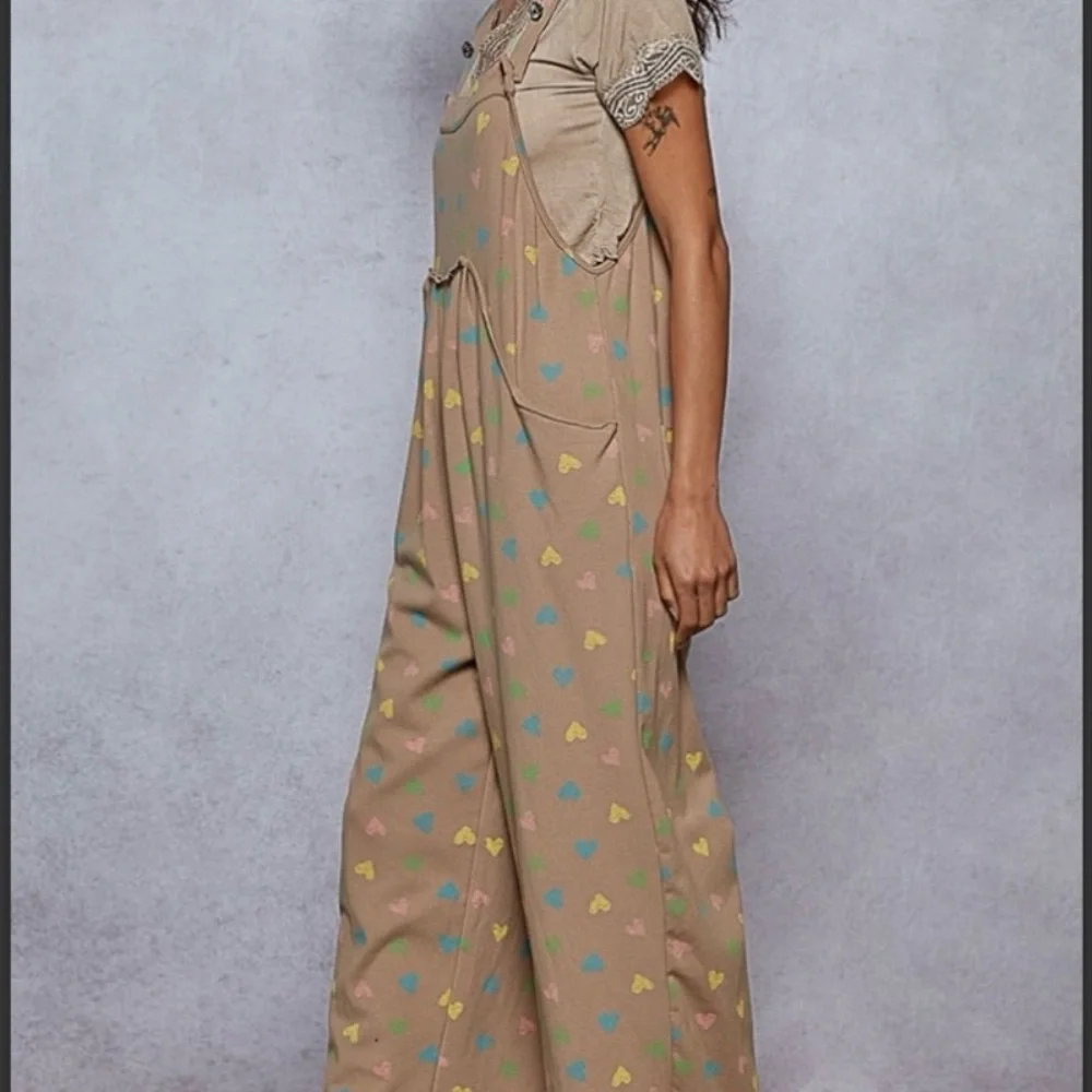 082 - POL Brown Overalls with Colorful Heart Pattern NWOT - Picture 4 of 4
